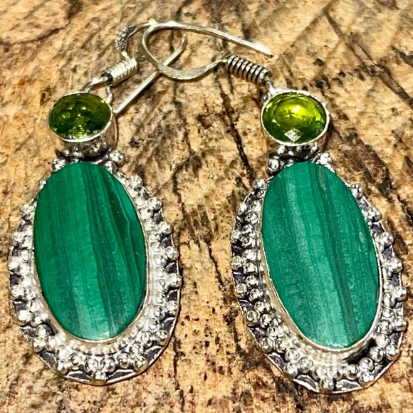 Green Oval Malachite Earrings 2” - Picture 3 of 7